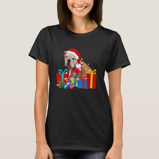KerstEngelse Bulldog Dog Xmas Lights Santa Ha T-shirt (Voorkant)