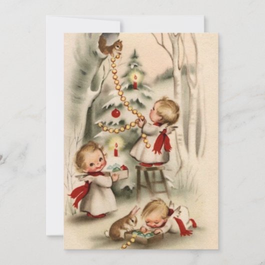 Kerstengeltjes versieren kerstboom feestdagenkaart (Voorkant)