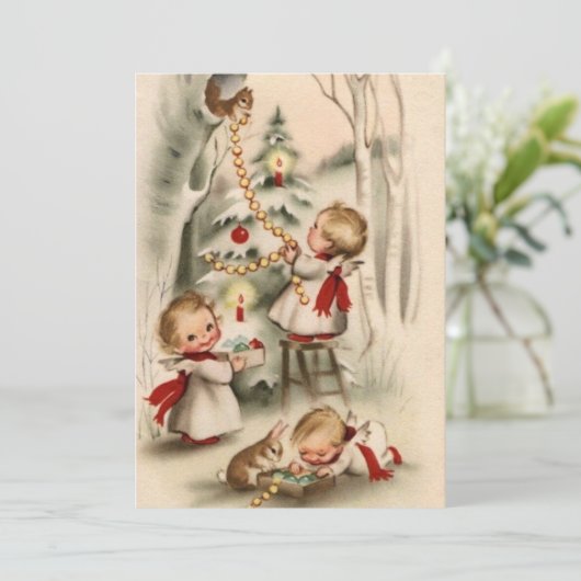 Kerstengeltjes versieren kerstboom feestdagenkaart (Staand voorkant)