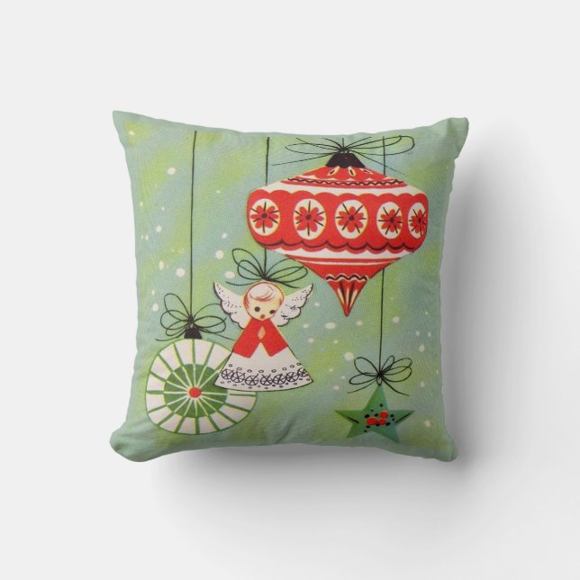 Kerstengeltjes Vintage Retro Groen Kussen (Voorkant)