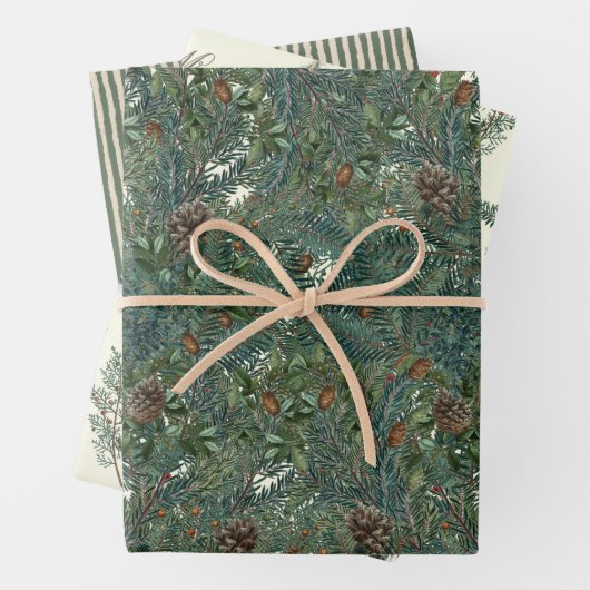 KerstEvergreen Branches Pinecone Bird Stripe Inpakpapier Vel (In situ)
