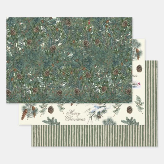 KerstEvergreen Branches Pinecone Bird Stripe Inpakpapier Vel (Set)
