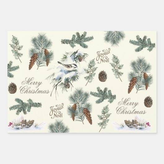 KerstEvergreen Branches Pinecone Bird Stripe Inpakpapier Vel (Voorkant 2)
