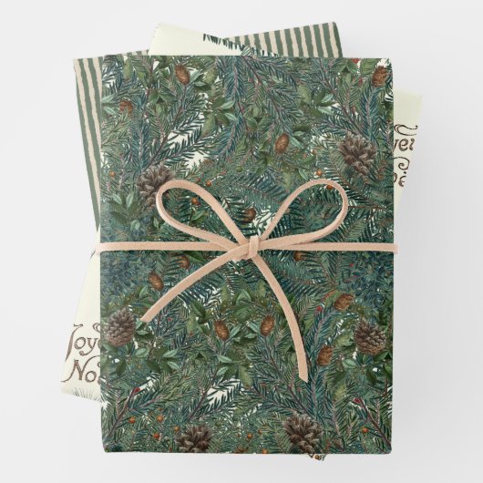 KerstEvergreen Branches Pinecone Bird Stripe Inpakpapier Vel (In situ)