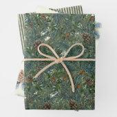 KerstEvergreen Branches Pinecone Bird Stripe Inpakpapier Vel (In situ)