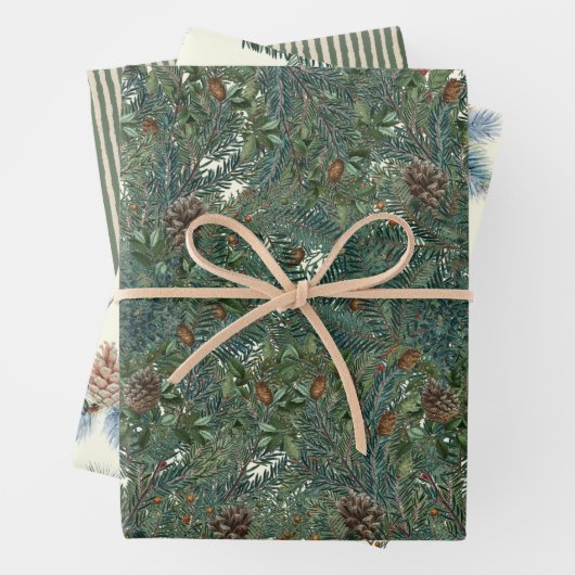 KerstEvergreen Branches Pinecone Bird Stripe Inpakpapier Vel (In situ)