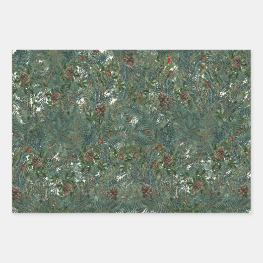 KerstEvergreen Branches Pinecone Bird Stripe Inpakpapier Vel (Voorkant)