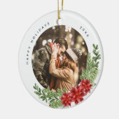 KerstEvergreen en Poinsettia Foto Keramisch Ornament (Links)