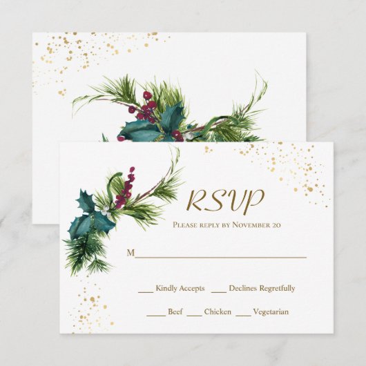 KerstEvergreen Holly Winter Wedding RSVP Card (Voorkant / Achterkant)