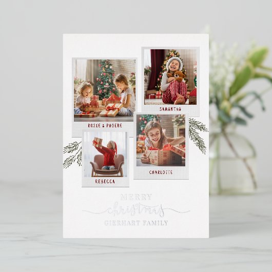 Kerstfamilie Foto collage Pset Rustic Silver Folie Feestdagenkaart (Staand Voorkant)