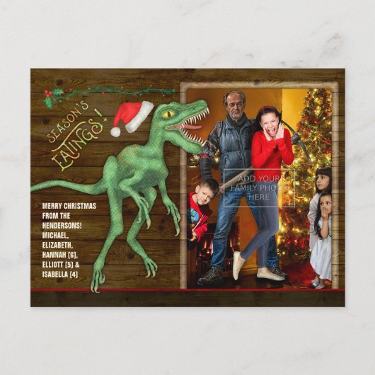 Kerstfamilie Foto Funny Velociraptor Dinosaur Feestdagenkaart (Voorkant)