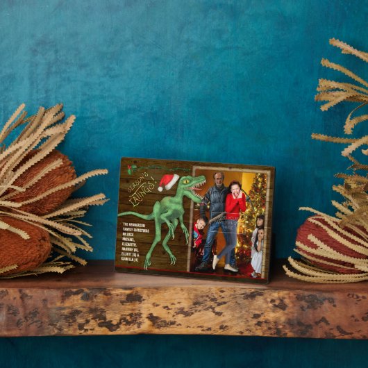 Kerstfamilie Foto Funny Velociraptor Dinosaur Fotoplaat (Zijkant)