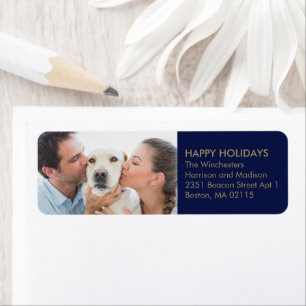 Kerstfamilie foto gouden donkerblauw etiket