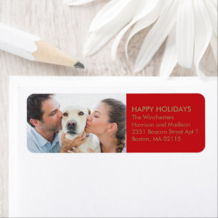 Kerstfamilie foto goudrood aangepast modern etiket