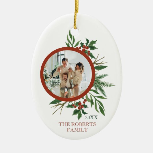 Kerstfamilie Foto Holly Wreateoval Keramisch Ornament (Voorkant)