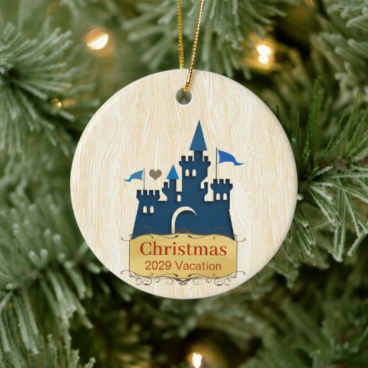 Kerstfamilie Foto met Castle terug Keramisch Ornament (Boom)