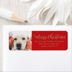 Kerstfamilie foto modern script rood goud etiket