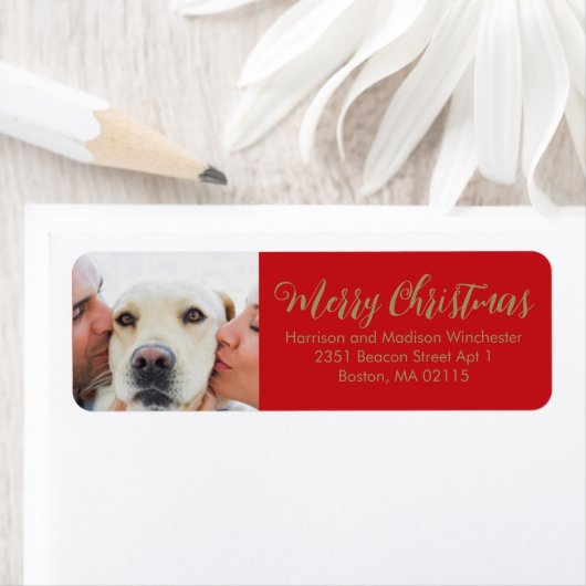 Kerstfamilie foto modern script rood goud etiket (Insitu)