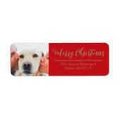 Kerstfamilie foto modern script rood goud etiket (Voorkant)