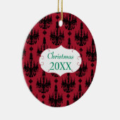 Kerstfamilie Foto Red Chandelier #4 Damask Keramisch Ornament (Rechts)