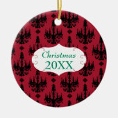 Kerstfamilie Foto Red Chandelier #4 Damask Keramisch Ornament (Voorkant)