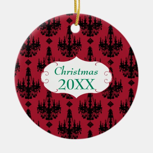 Kerstfamilie Foto Red Chandelier #4 Damask Keramisch Ornament (Voorkant)