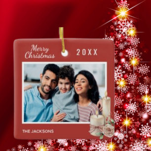 Kerstfamilie foto rode witte kaars decor keramisch ornament