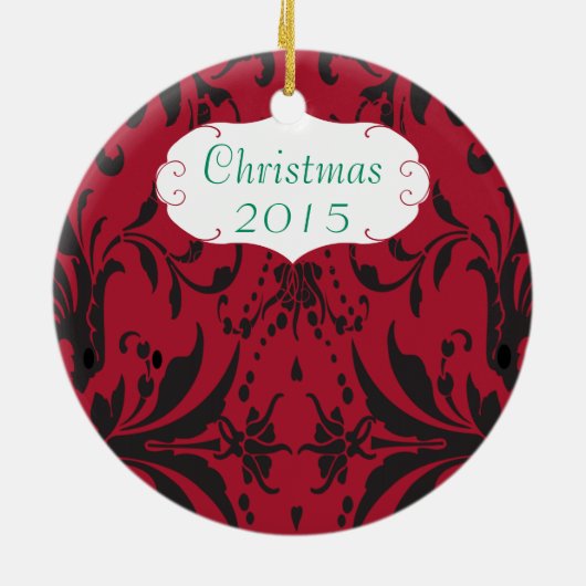 Kerstfamilie Foto van Red Chandelier 3 Damask Keramisch Ornament (Achterkant)