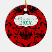 Kerstfamilie Foto van Red Chandelier 3 Damask Keramisch Ornament (Voorkant)