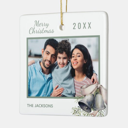 Kerstfamilie foto witte groene gordels keramisch ornament (Links)