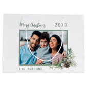 Kerstfamilie foto witte kegel-dennennaam groot cadeauzakje (Achterkant)