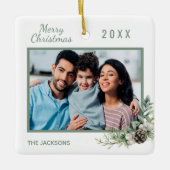 Kerstfamilie foto witte kegel keramisch ornament (Voorkant)
