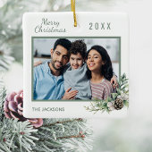 Kerstfamilie foto witte kegel keramisch ornament