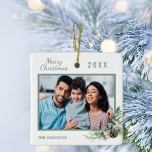 Kerstfamilie foto witte kegel keramisch ornament
