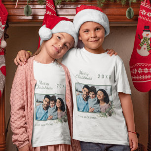 Kerstfamilie foto witte kegel met dennennaam t-shirt