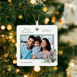 Kerstfamilie foto witte kegel metalen ornament<br><div class="desc">Personalize and add your own families foto. A green frame decorated with a cone and pine greenery. Add your Famy name and year.</div>
