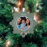 Kerstfamilie foto witte kegel ornament kaart<br><div class="desc">Personaliseer en voeg je eigen familiefoto toe. Een salie groene achtergrond versierd met een kegel en dennengroen. Voeg je familienaam en jaartal toe.</div>