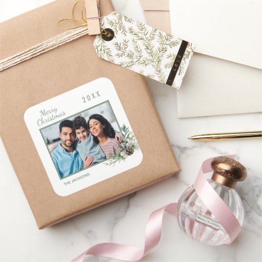 Kerstfamilie foto witte kegel vierkante sticker (Geschenken)