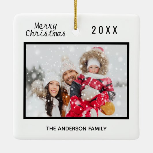 Kerstfamilie foto zwarte witte elegant keramisch ornament (Achterkant)