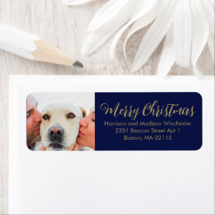 Kerstfamilie fotoscript donkerblauw blauw goud etiket