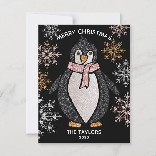 Kerstfamilie Glitter Cute Penguin Kaart (Voorkant)