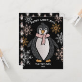 Kerstfamilie Glitter Cute Penguin Kaart (Voorkant / Achterkant in situ)