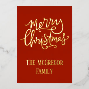 Kerstfamilie, naam Gold Red Folie Feestdagenkaart