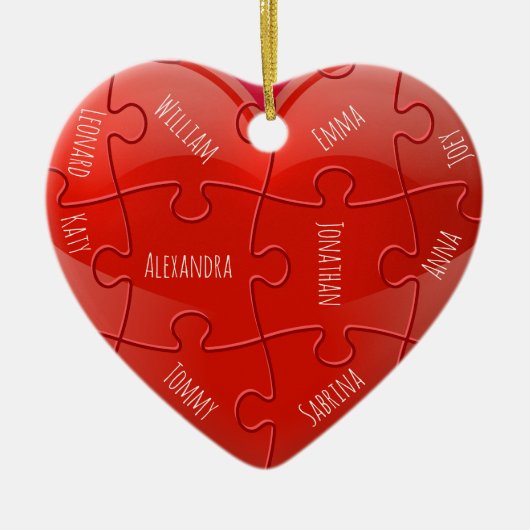Kerstfamilie Puzzle Heart met namen Keramisch Ornament (Voorkant)