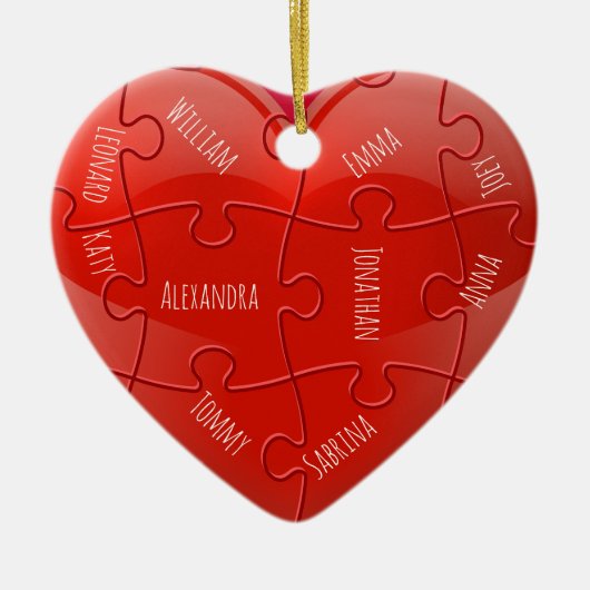Kerstfamilie Puzzle Heart met Names Ceramic O Keramisch Ornament (Voorkant)