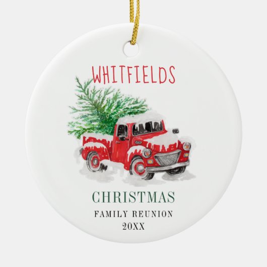 Kerstfamilie reünie Waterverf Red Truck Keramisch Ornament (Voorkant)