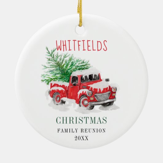 Kerstfamilie reünie Waterverf Red Truck Keramisch Ornament (Achterkant)