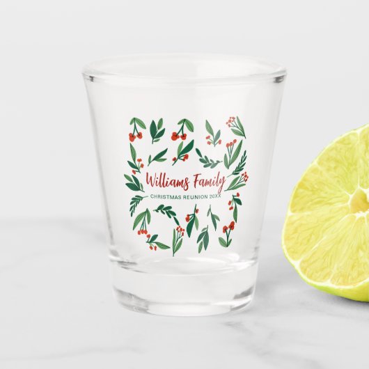 Kerstfamilie Reunion Custom Red Green Holly Shot Glas (Voorkant)