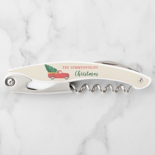 Kerstfamilie Rode Truck Tree Feestdagen Keepsake Kurkentrekker (Voorkant)