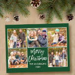 Kerstfamilie voor penseel script 5 Foto groen Briefkaart<br><div class="desc">Modern penseelscript voor vier kerst foto-Briefkaart - Forest Green</div>